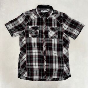 Bke Mens Large Button Up Shirt Black White Plaid Athletic Fit Short Sleeve